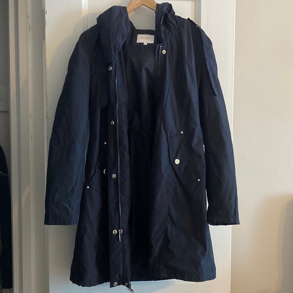 Laundry navy blue rain coat with oversized hood